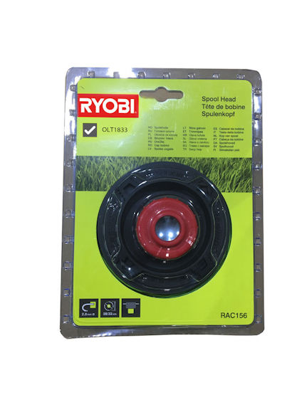 Förpackad trimmerspole från Ryobi på grön bakgrund, med text på flera språk inklusive modellnummer RAC156.
