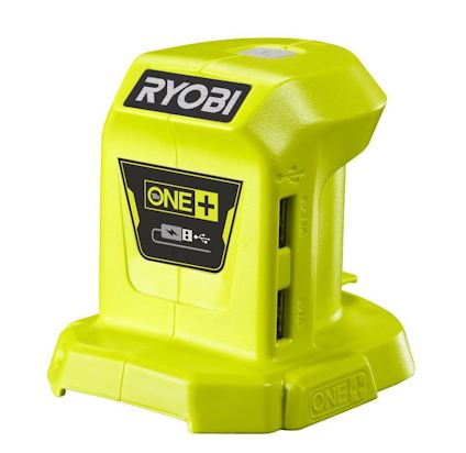 Grön batteriladdare med logotypen "RYOBI" och "ONE+" synliga.