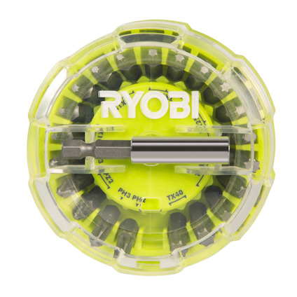 Grön och genomskinlig behållare med 22 bits och texten "RYOBI" på locket.