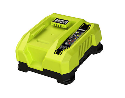 Grön och svart batteriladdare med Ryobis logotyp och en rad indikatorlampor på ovansidan.