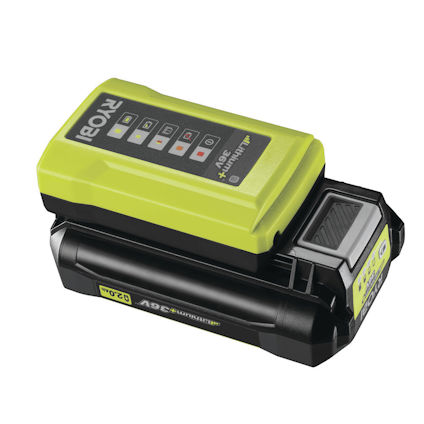 Batteri i svart och grönt med indikatorlampor och texten "Ryobi Lithium+ 36V 2.0Ah" på sidan.
