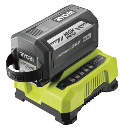 Ryobi 36V 6.0Ah batteri och laddare i grön och grå design med märkning "High Energy".