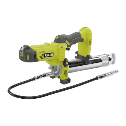 Grön och svart batteridriven smörjspruta med rörlig slang, märkt "RYOBI".