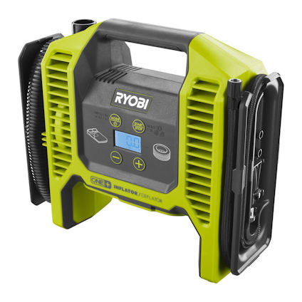 Grön och svart kompressor med digital display, bärhandtag och RYOBI-logga.