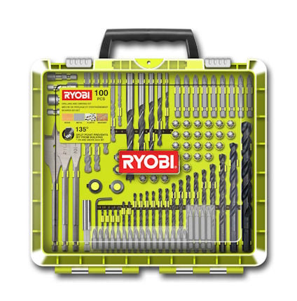 Borr- och bitsset med 100 delar i en grön förvaringslåda. Märkt "RYOBI" och innehåller olika borr och bits.