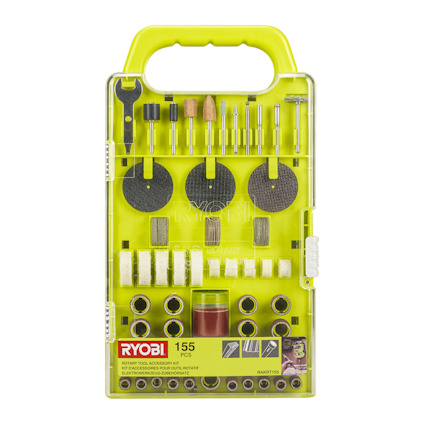 Förpackning med multiverktygstillbehör med 155 delar, inklusive slipskivor, borstar och bits. Ryobi-logotyp nere till vänster.