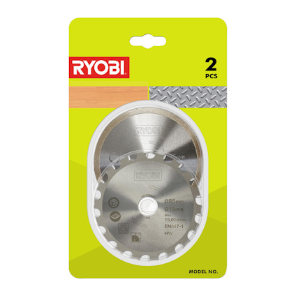 Förpackning med två RYOBI multisågklingor, metalliska med tänder, på grön bakgrund.