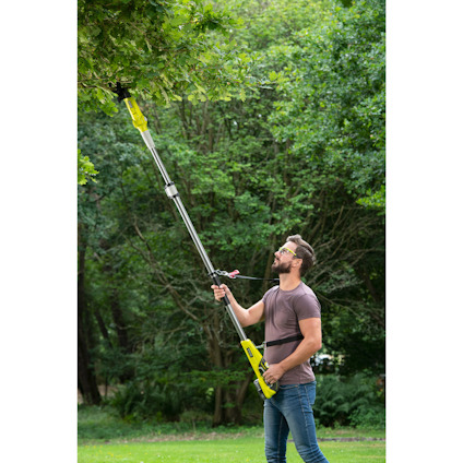 Person använder en teleskopisk grensax för att beskära trädgrenar i parkliknande miljö.