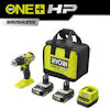 Borrskruvdragare, två batterier, laddare och en grön/svart förvaringsväska med märket "RYOBI ONE+ HP Brushless".