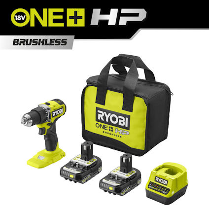 Borrskruvdragare, två batterier, laddare och en grön/svart förvaringsväska med märket "RYOBI ONE+ HP Brushless".