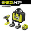 Borrskruvdragare med batteri, laddare, två batterier och en svart verktygsväska med gröna detaljer och texten "RYOBI ONE+ HP".