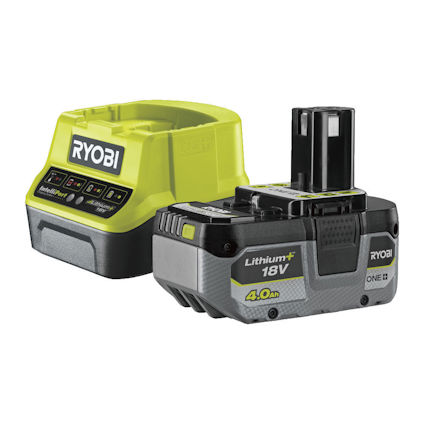 Ryobi batteri och laddare i grått och grönt, märkta med "Lithium+ 18V 4.0Ah".