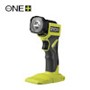 Grön och svart ficklampa med texten "RYOBI" på sidan. Plattform för One+ 18V batteri synlig.