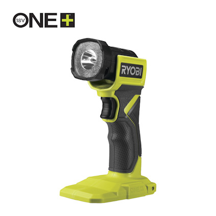Grön och svart ficklampa med texten "RYOBI" på sidan. Plattform för One+ 18V batteri synlig.