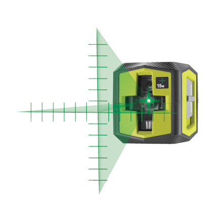 Krysslaser i svart och grönt med gröna laserriktlinjer projicerade horisontellt och vertikalt.
