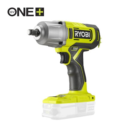 Batteridriven grön och svart mutterdragare med ett kompakt handtag. Märket "Ryobi" och texten "18V ONE+" visas.