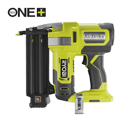Dyckertpistol RYOBI ONE+ med grön och svart design, AirStrike-logotyp och clips för bältesfäste.