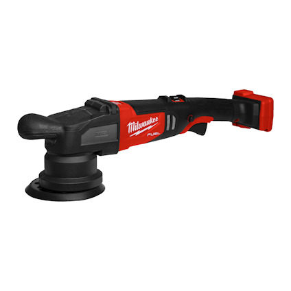 Röd och svart polermaskin med handtag och roterande skiva, märkt "Milwaukee Fuel".