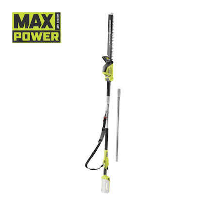 Häcksax med teleskopskaft och batterifäste, logotyp "MAX POWER" i övre vänstra hörnet.