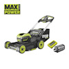 Grön och svart batteridriven gräsklippare med texten "RYOBI" och "MAX POWER", batteri och laddare synliga.