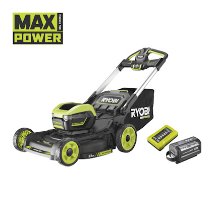 Grön och svart batteridriven gräsklippare med texten "RYOBI" och "MAX POWER", batteri och laddare synliga.