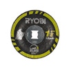 Rund skiva med texten "RYOBI" och specifikationerna "1 1/2" 38 mm" och "35,000 min⁻¹" i vitt och grönt.