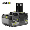 18V batteri med handtag och etiketter "Lithium+ 18V" samt "6.0 Ah". Märket RYOBI ONE+ syns.