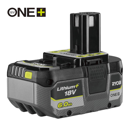 18V batteri med handtag och etiketter "Lithium+ 18V" samt "6.0 Ah". Märket RYOBI ONE+ syns.