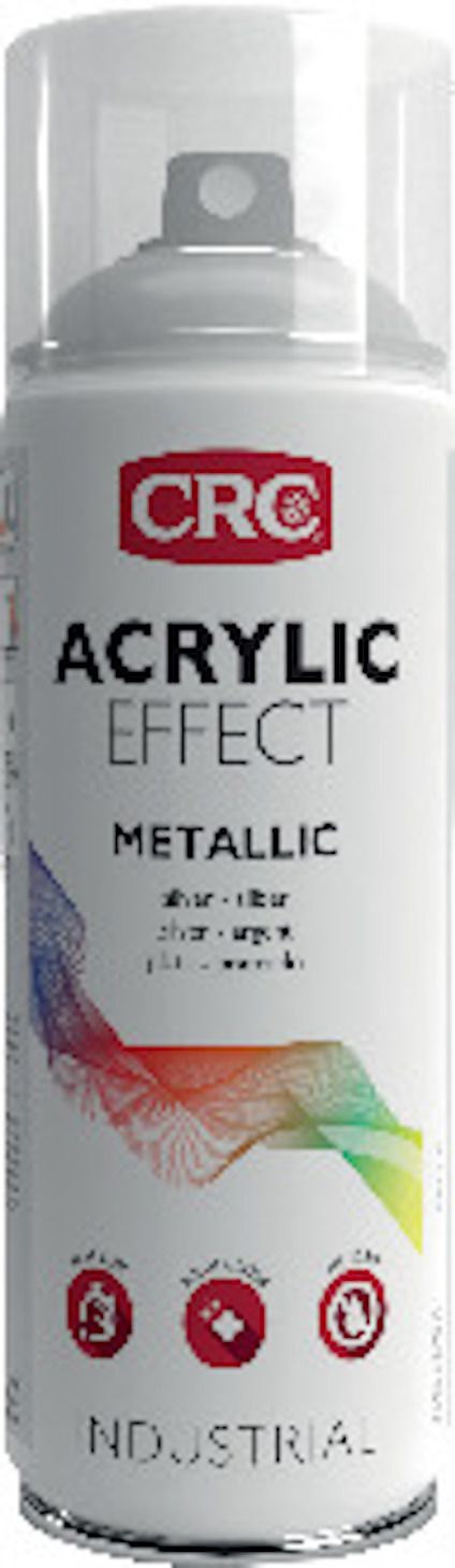 Sprayburk med etiketttext: "CRC Acrylic Effect Metallic, silver - silber - zilver - argent - plata - prateado".
