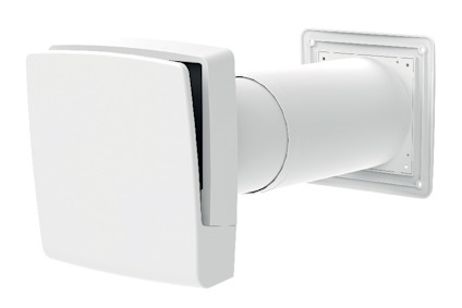Vit väggventil med fyrkantig frontplatta och rund ventilationskanal.