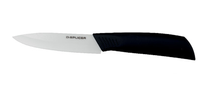 Keramisk kniv med svart handtag och vit klinga, texten "D-SPLICER" synlig på bladet.