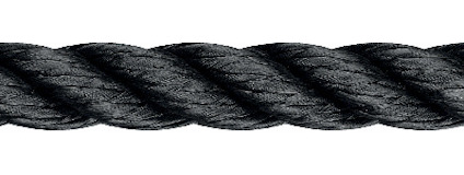 Svart snöre eller rep med tjock, vriden design mot en vit bakgrund.