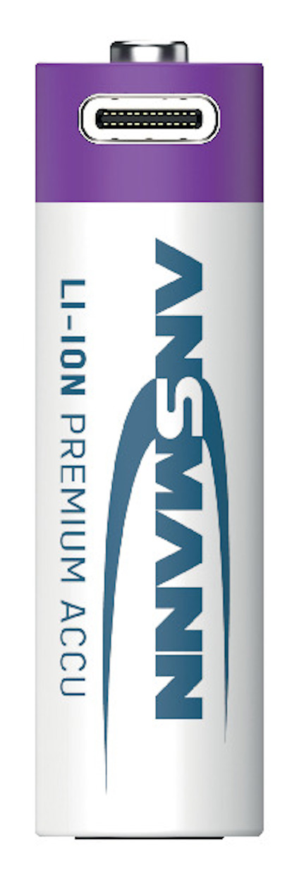 Laddbart lithiumbatteri med texten "ANSMANN LI-ION PREMIUM ACCU" i blått på sidan.