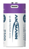 Lila och vitt cylindriskt laddbart lithiumbatteri med texten "LI-ION PREMIUM ACCU" och märket "ANSMANN".