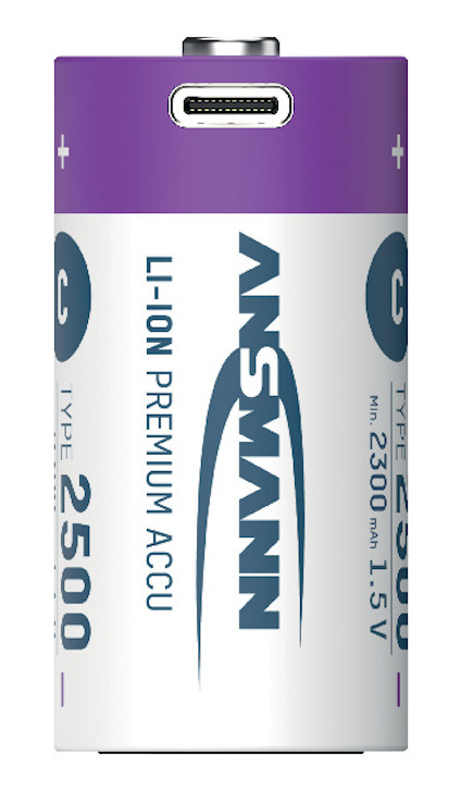 Lila och vitt cylindriskt laddbart lithiumbatteri med texten "LI-ION PREMIUM ACCU" och märket "ANSMANN".