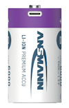 Lila och vit laddbar D-cell litiumbatteri med märket Ansmann och texten "LI-ION PREMIUM ACCU".