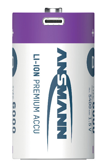 Lila och vit laddbar D-cell litiumbatteri med märket Ansmann och texten "LI-ION PREMIUM ACCU".