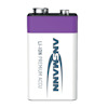 Batteri med vit och lila design, texten "ANSMANN LI-ION PREMIUM ACCU" på sidan.