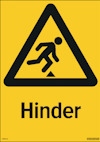Gul skylt med svart triangel och piktogram av en person som snubblar, texten "Hinder" under.