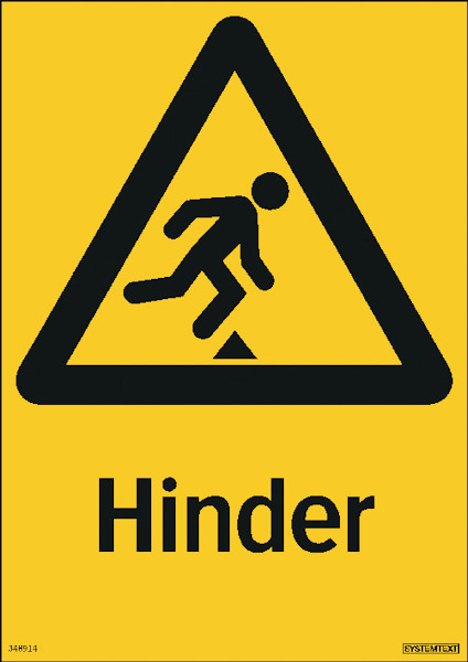 Gul skylt med svart triangel och piktogram av en person som snubblar, texten "Hinder" under.