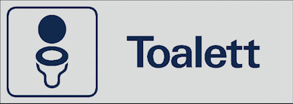 Skylt med en toalettikon och texten "Toalett" i blått mot ljus bakgrund.