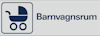 Skylt märkt "Barnvagnsrum" med en ikon av en barnvagn till vänster.