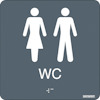 Två piktogram av en kvinna och en man ovanför texten "WC" i vit på grå bakgrund med punktskrift under.