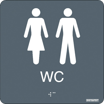 Två piktogram av en kvinna och en man ovanför texten "WC" i vit på grå bakgrund med punktskrift under.