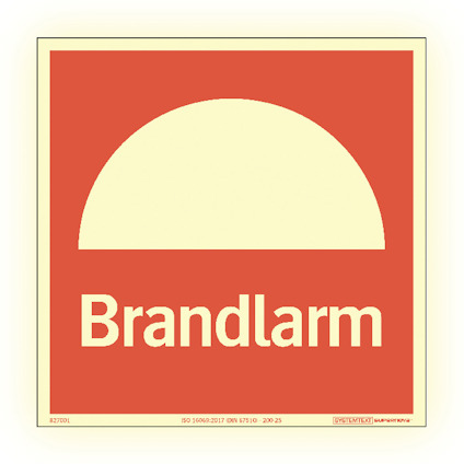Röd skylt med vit halvcirkel och texten "Brandlarm".