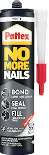 Limtub Pattex No More Nails med vit etikett och text, monteringslim för lim och tätning, med plastmunstycke.