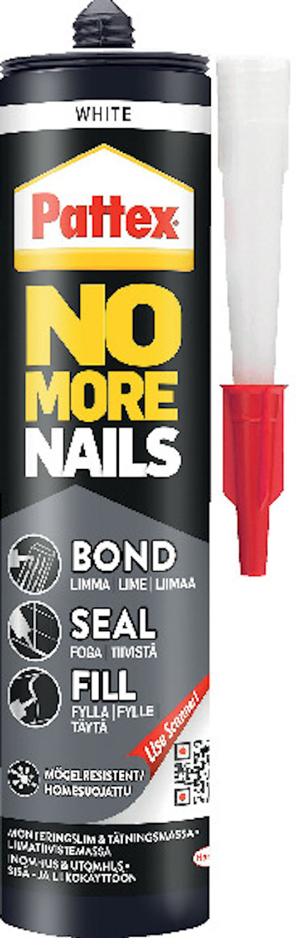 Limtub Pattex No More Nails med vit etikett och text, monteringslim för lim och tätning, med plastmunstycke.