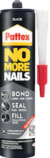 Svart tub med vit och röd applikatorspets. Märkt "Pattex No More Nails," beskriver funktionerna: BOND, SEAL, FILL.