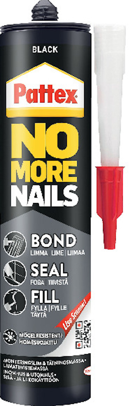Svart tub med vit och röd applikatorspets. Märkt "Pattex No More Nails," beskriver funktionerna: BOND, SEAL, FILL.