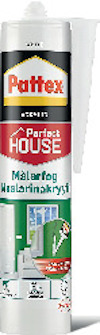 Pattex målarfog, vit tub med applikatorspets, etikett med text på flera språk, för inomhus- och utomhusbruk.